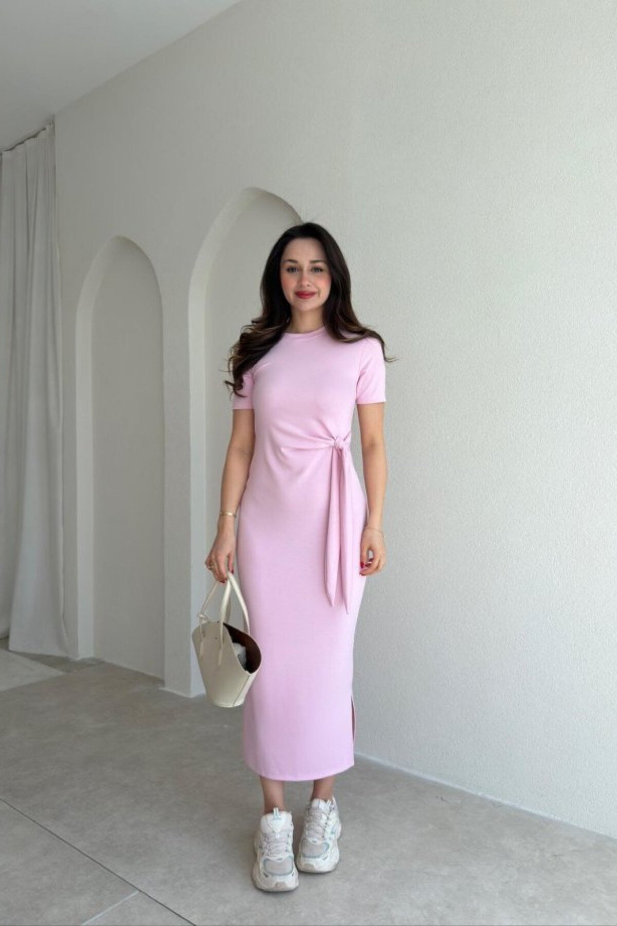 Midi Modal Side-Slit Dress - Pink - MOZENA