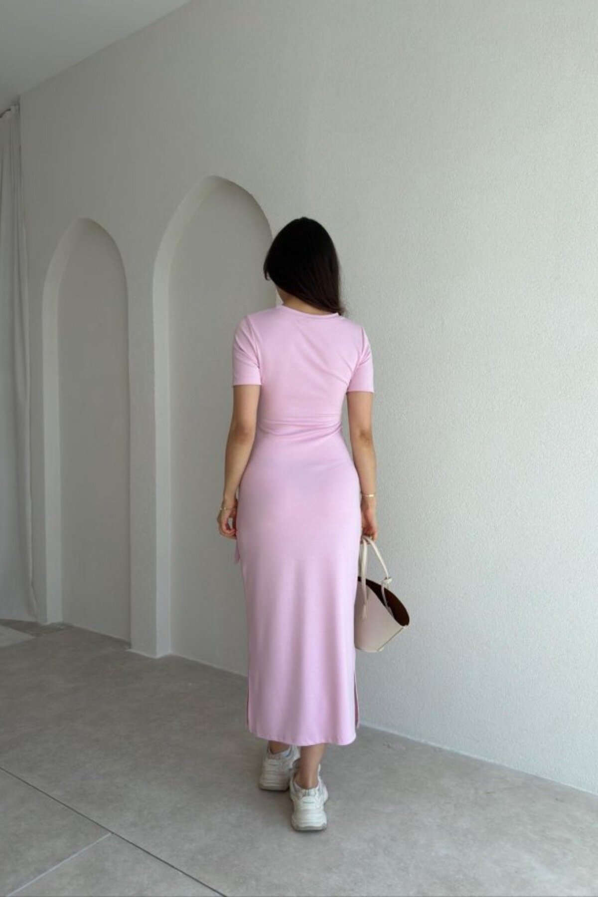 Midi Modal Side-Slit Dress - Pink - MOZENA