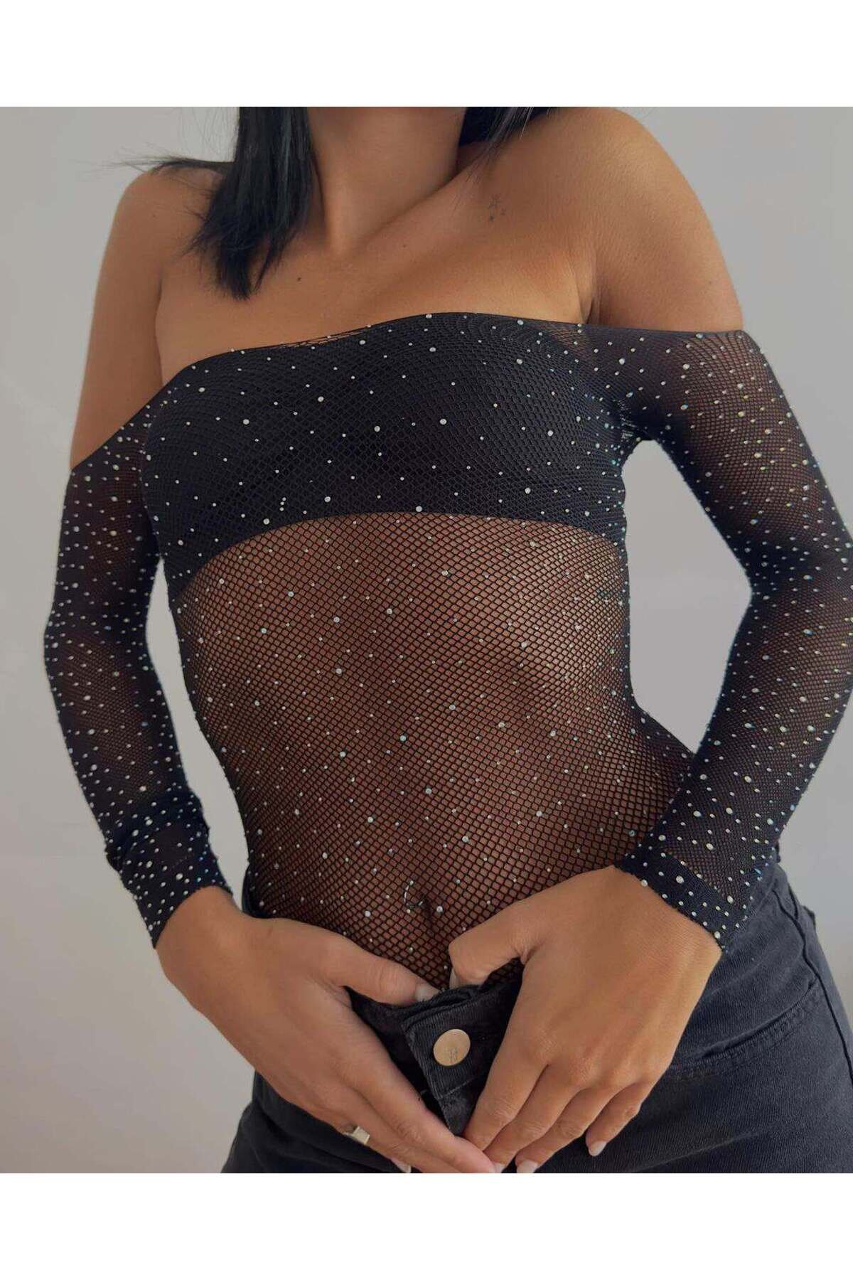 Siyah Kristal Taşlı Bodysuit - Nur İç Giyim
