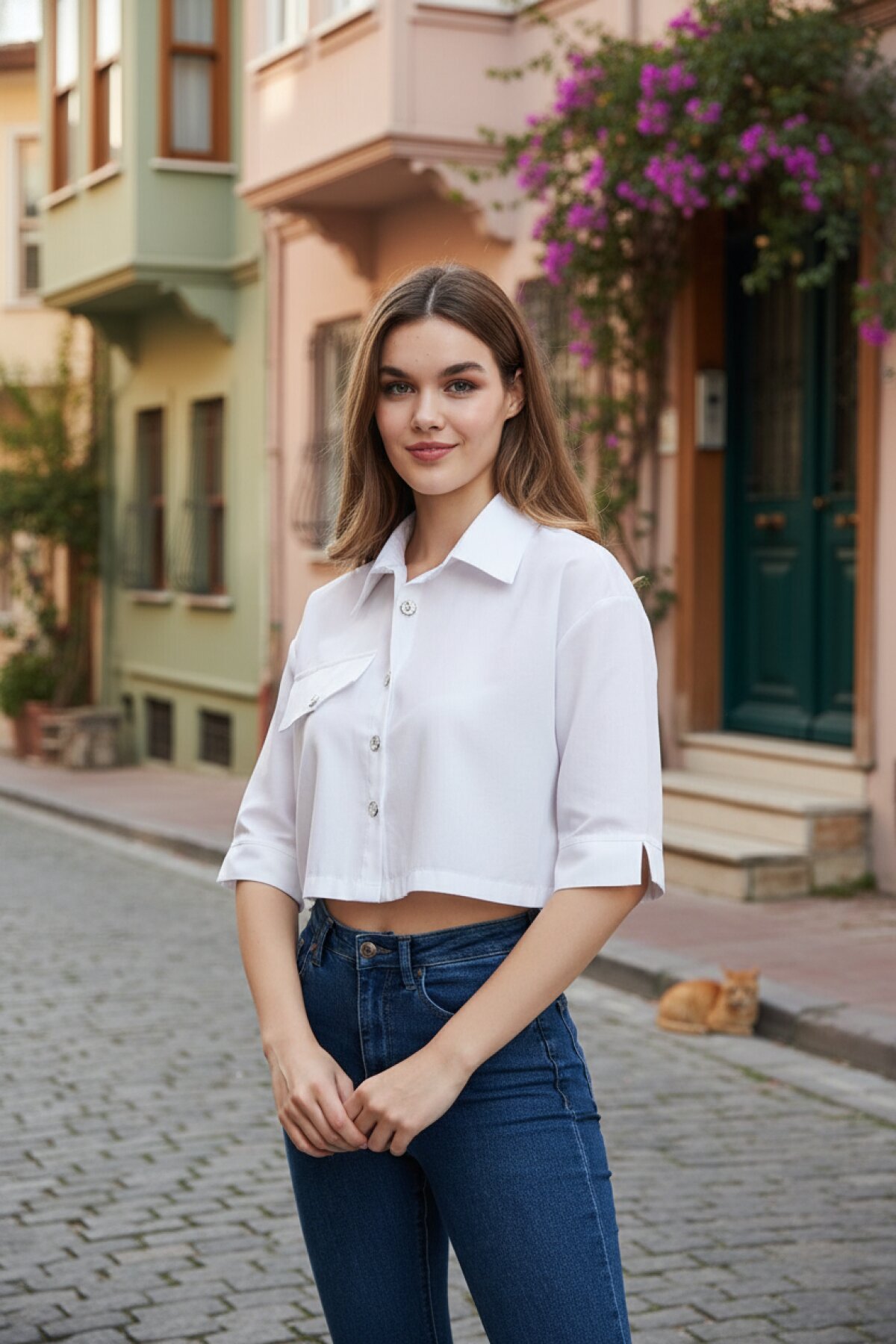 Beyaz Kısa Cepli Terrycotton Crop Gömlek - Pasaklı Giyim
