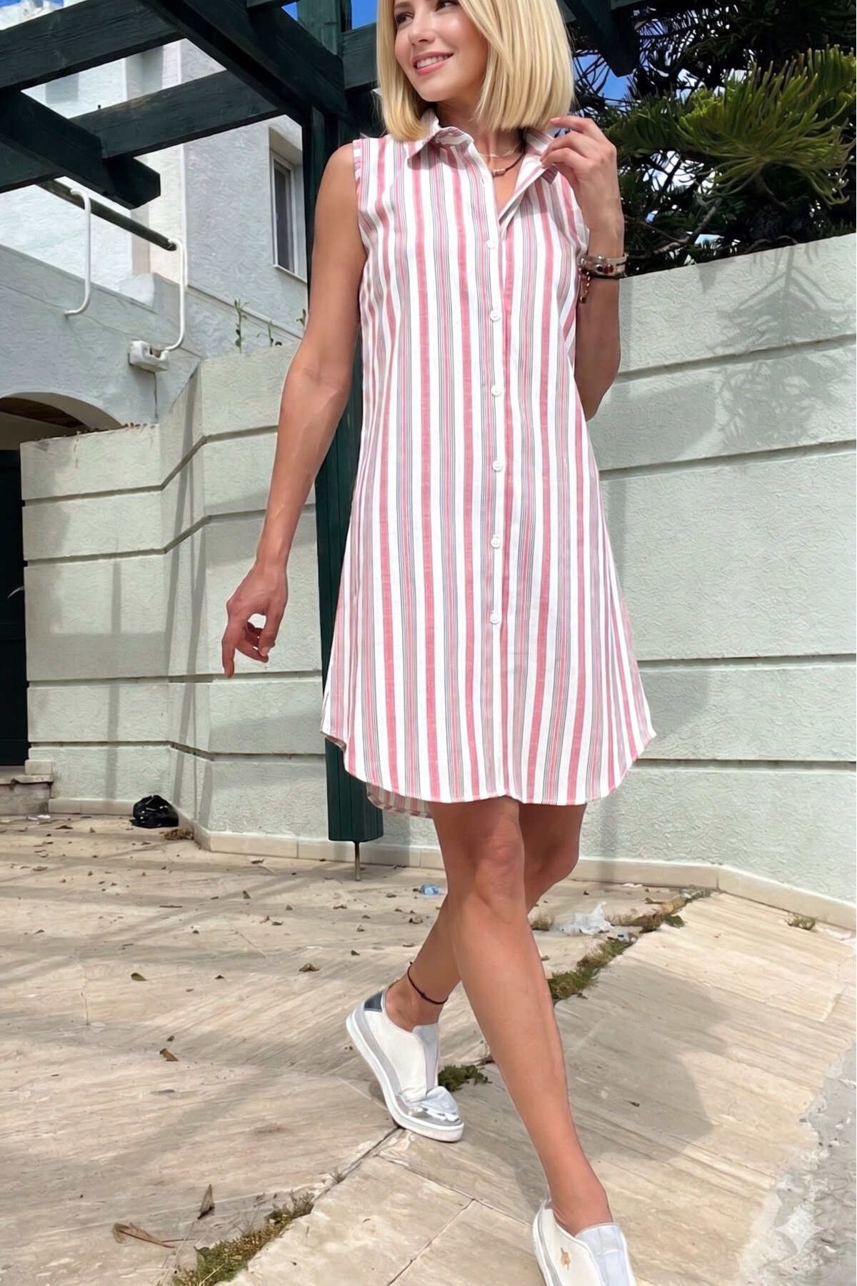 Gül Kurusu Dik Çizgili Rahat Kesim Pamuklu Mini Gömlek Elbise - Pasaklı Giyim