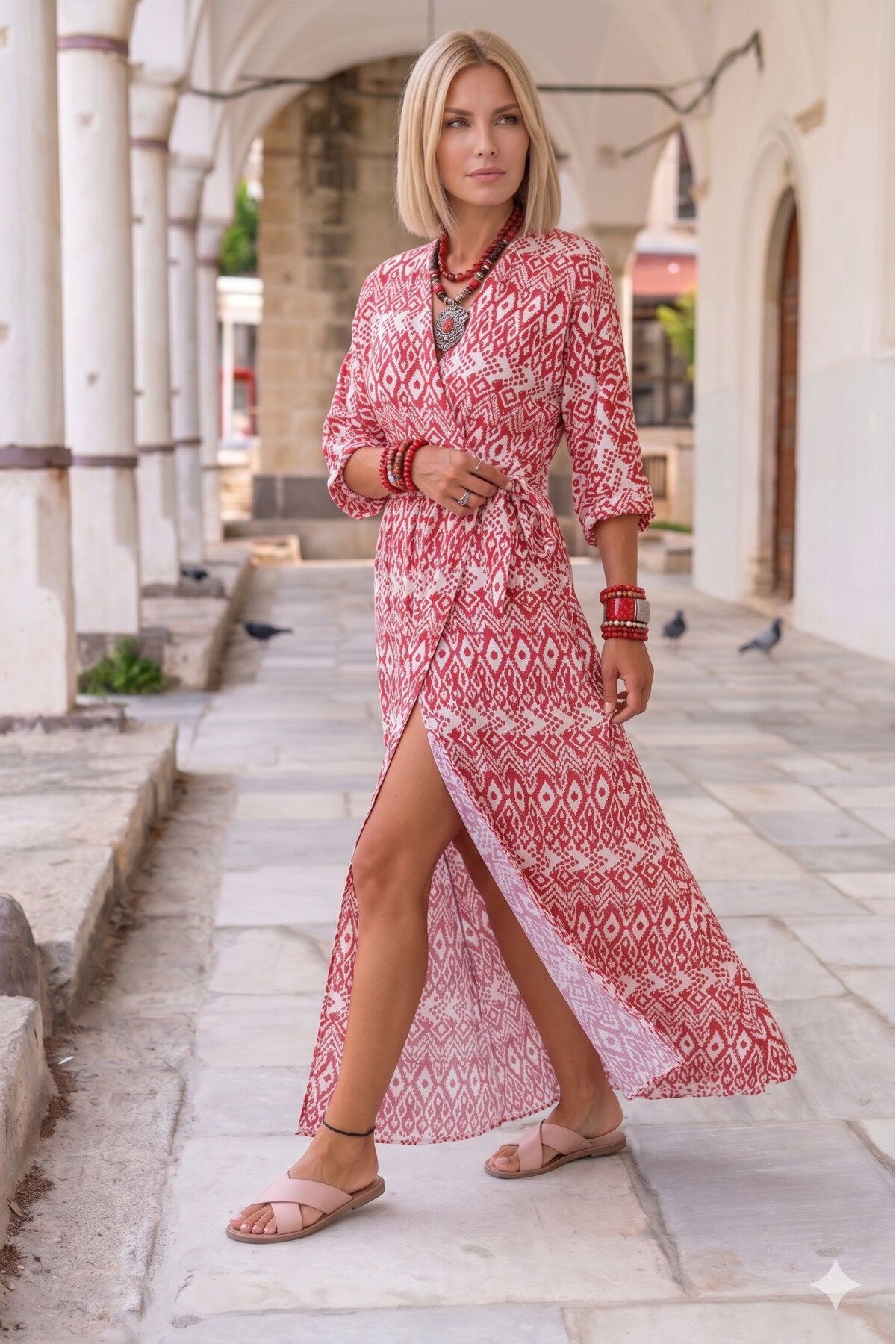 Long-Sleeve Double-Breasted Deep-Slit Summer Dress - Red - Pasaklı Giyim