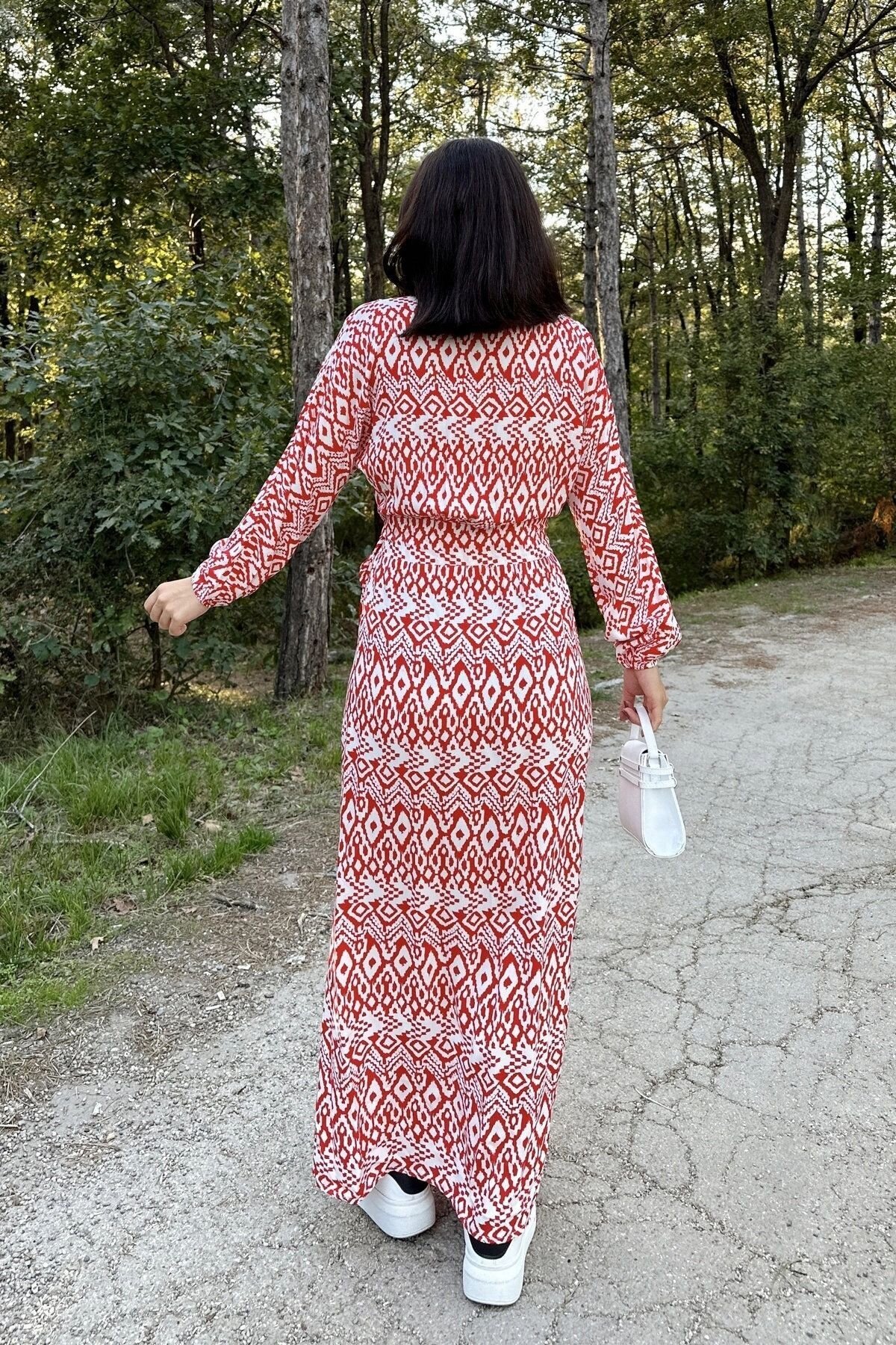 Long-Sleeve Double-Breasted Deep-Slit Summer Dress - Red - Pasaklı Giyim