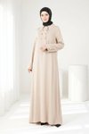 Collared Button-Detail Modest Dress - Beige