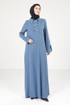 Collared Button-Detail Modest Dress - Indigo