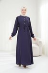 Modal Button-Detail Modest Dress - Navy Blue