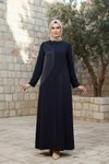 Stone-Detailed Modest Dress - Navy Blue