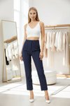 High Waist Striped Ankle-Length Pants - Navy Blue