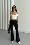 Flare Leg Elastic Waist Stitched Pants - Black