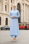 Long Collar-Detail Modest Two-Piece Set - Baby Blue
