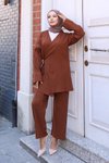 Kahverengi Kimono Bağlama Detaylı Tesettür Takım
