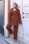 Kahverengi Kimono Bağlama Detaylı Tesettür Takım