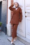 Kahverengi Kimono Bağlama Detaylı Tesettür Takım