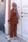 Kahverengi Kimono Bağlama Detaylı Tesettür Takım