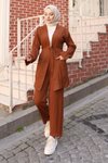 Kahverengi Kimono Cep Detaylı Tesettür Takım