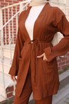 Kahverengi Kimono Cep Detaylı Tesettür Takım