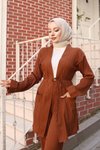 Kahverengi Kimono Cep Detaylı Tesettür Takım