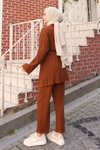 Kahverengi Kimono Cep Detaylı Tesettür Takım