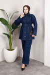 Koyu Mavi Denim Rahat Kesim Kuşaklı Düğmeli Tesettür Takım