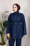 Koyu Mavi Denim Rahat Kesim Kuşaklı Düğmeli Tesettür Takım