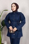 Koyu Mavi Denim Rahat Kesim Kuşaklı Düğmeli Tesettür Takım