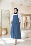 Koyu Mavi Denim Uzun Rahat Kalıp Askılı Tesettür Elbise