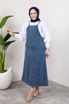 Koyu Mavi Denim Uzun Rahat Kalıp Askılı Tesettür Elbise