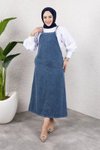 Koyu Mavi Denim Uzun Rahat Kalıp Askılı Tesettür Elbise