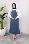 Koyu Mavi Denim Uzun Rahat Kalıp Askılı Tesettür Elbise