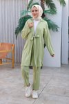 Mint Yeşili Kimono Bağlama Detaylı Tesettür Takım