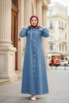 Hooded Ribbed Denim Ferace - Light Blue