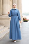 Elastic Waist Zippered Denim Modest Dress - Light Blue