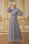 Tulle Pearl-Detailed Modest Evening Dress - Gray