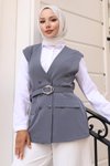 Gri V Yaka Yelekli Tesettür İkili Takım