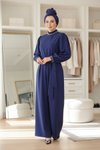 Pearl-Detailed Modest Jumpsuit Dress - Indigo