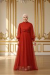 Tulle Pearl-Detail Modest Evening Dress - Tile Red