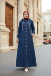 Koyu Mavi Kapşonlu Ribanalı Kot Ferace