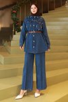 Denim Stone-Detailed Modest Set - Dark Blue