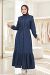 Long Waist-Laced Denim Modest Dress - Dark Blue