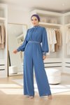Chiffon Stone-Detailed Evening Jumpsuit - Blue