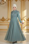 Glittery Draped Chiffon Stone-Detailed Modest Evening Dress - Mint