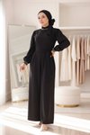 Jumpsuit Style Pearl-Detail Modest Dress - Black