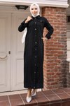 Denim Button-Detail Abaya - Black