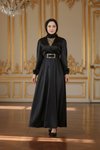 Satin Stone-Detailed Modest Evening Dress - Black