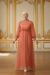 Tulle Pearl-Detail Modest Evening Dress - Salmon