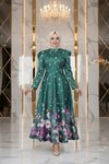 Floral Polka Dot Satin Modest Evening Dress - Emerald