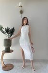 Beyaz Midi Tek Omuzlu Drape Detaylı Elbise