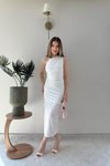 Beyaz Midi Tek Omuzlu Drape Detaylı Elbise