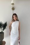 Beyaz Midi Tek Omuzlu Drape Detaylı Elbise