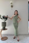 Yeşil Uzun Tek Omuzlu Drape Ve Yırtmaç Detaylı Sandy Elbise